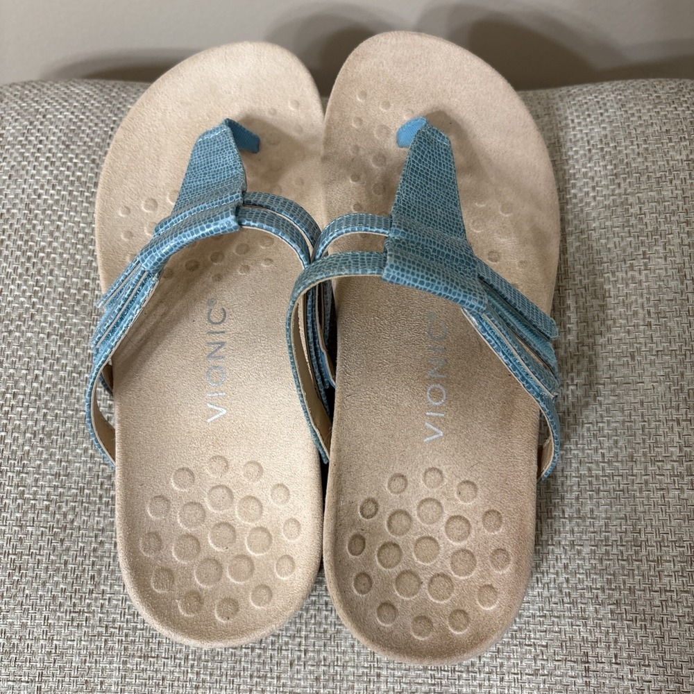 Vionic Women's Sandals Adjustable Blue Embossed Size 7 Wide Orthopedic - Picture 4 of 7